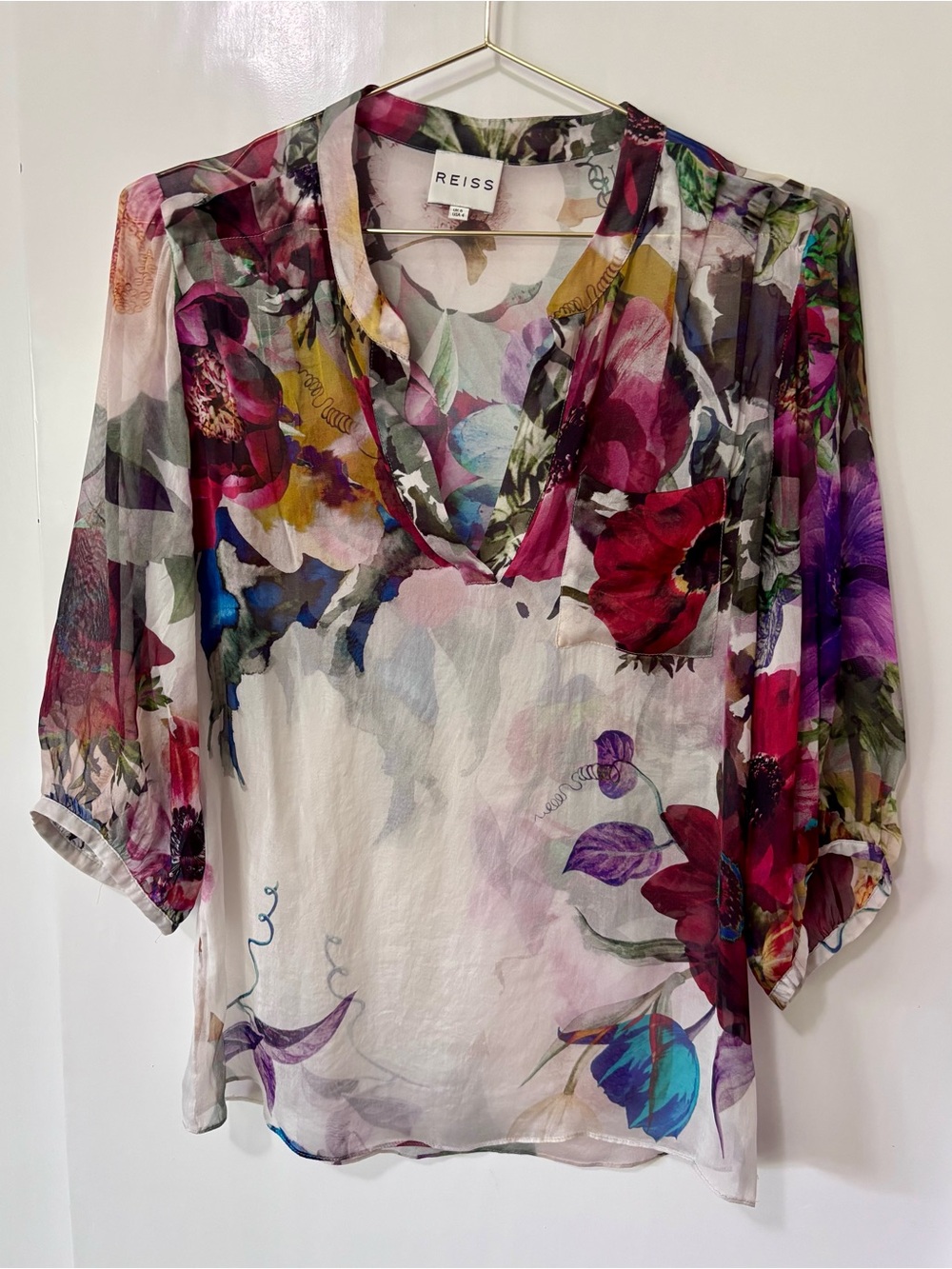 Reiss| 100% Silk Sheer Ivory & Pink Multicolour Floral V-Neck Blouse Sz 4